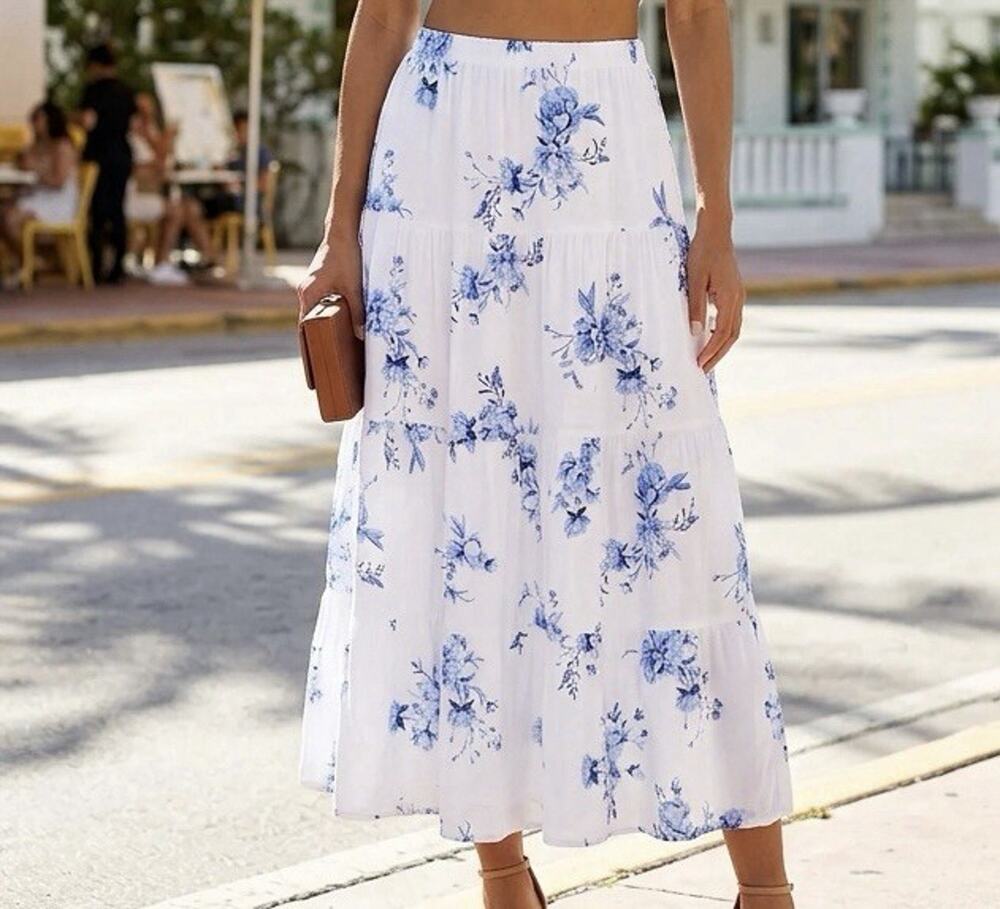 Streetwear Society Blue & White Floral Tiered Maxi Skirt L Cottagecore Boho 90s